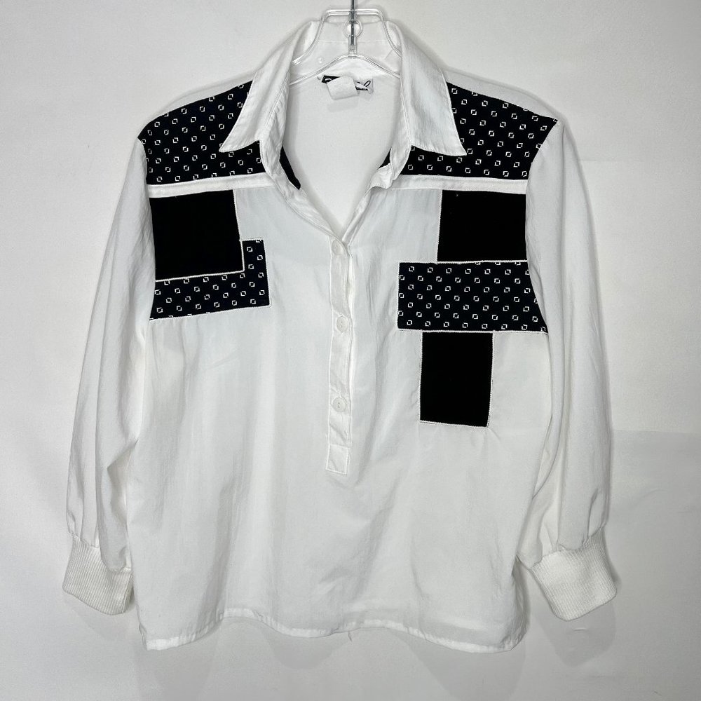 Vintage Sanibel Sport Women’s Top M Shirt White & Black Short Scallop USA Made